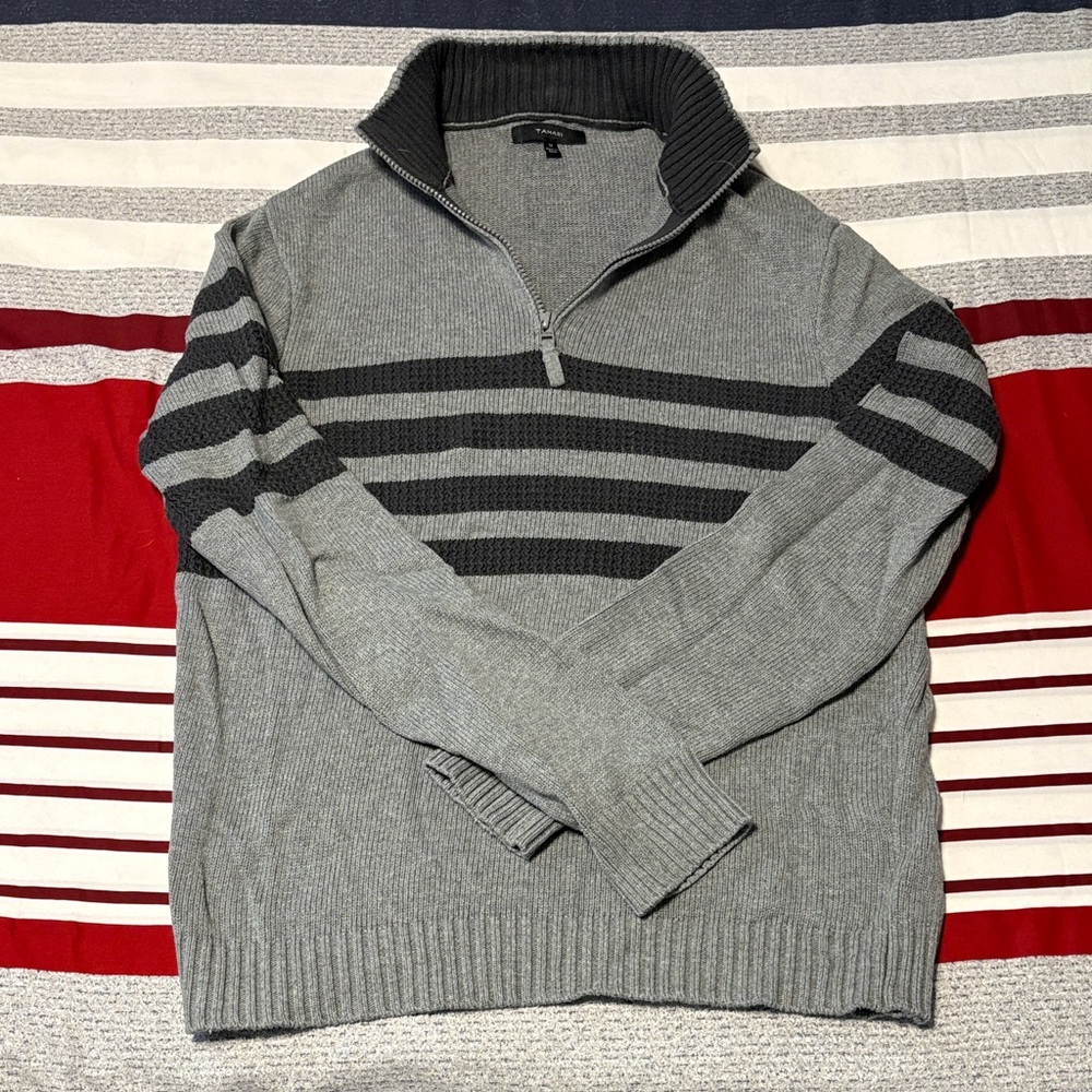 Tahari Gray and Black Striped Zip-Up Sweater